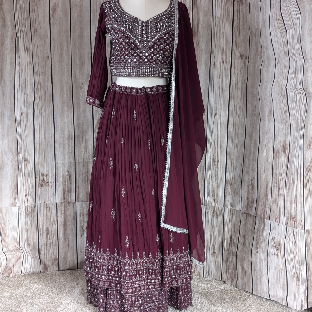 Burgundy Maroon embroided lehenga, choli and dupatta